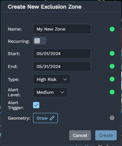 Dialog when creating a new exclusion zone