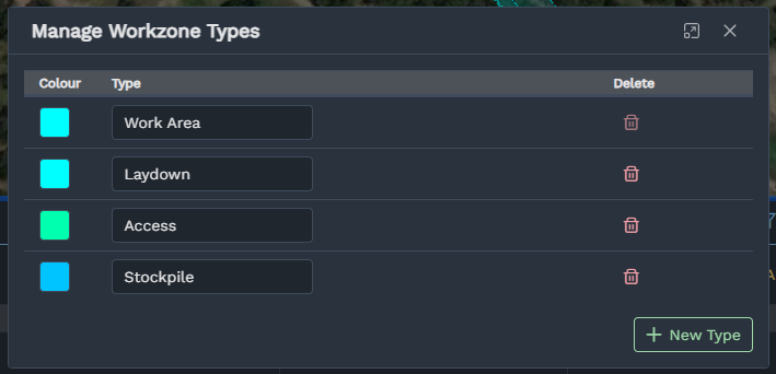 Editing workzone types for a project